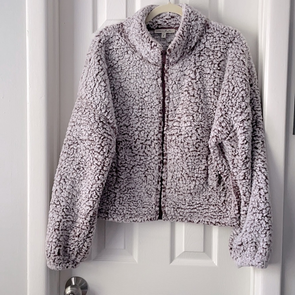 Express maroon Sherpa shirt cropped jacket coat puff sleeves oversized medium M